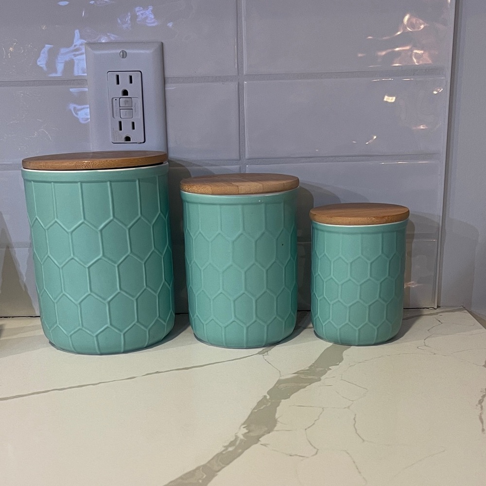 Turquoise Hexagon Ceramic Canister Set with Wooden Lids